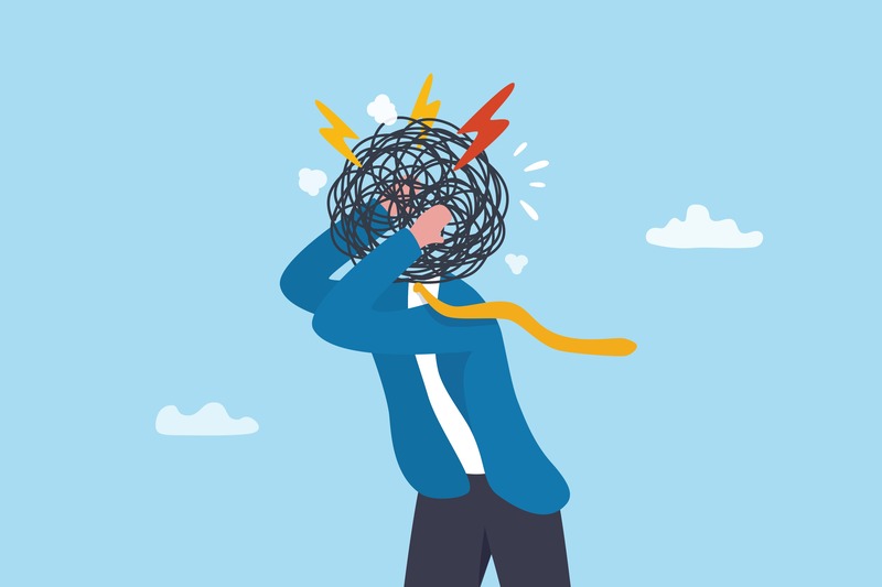 smettere di pensare troppo, disegno di uomo con testa piena e confusa